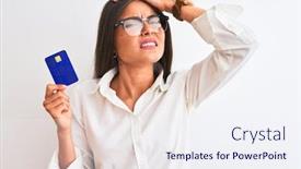  Presentation with shame - Presentation design enhanced with young businesswoman wearing glasses holding credit card over isolated white background stressed with hand on head shocked with shame and surprise face angry and frustrated fear and upset background and a sky blue colored foreground
