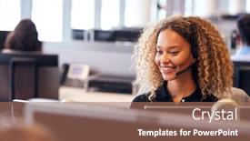  Presentation with telephone - Cool new PPT theme with young-businesswoman-wearing-telephone-headset backdrop and a coral colored foreground