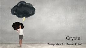 Presentation with under umbrella - PPT layouts enhanced with young businesswoman with black umbrella standing under black cloud background and a light gray colored foreground