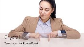  Presentation with blank - Slide deck having young businesswoman with blank board isolated over white background and a coral colored foreground