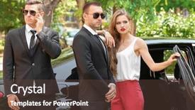  Presentation with instrument of car - Cool new presentation with young businesswoman with bodyguards near backdrop and a tawny brown colored foreground