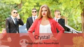  Presentation with outdoors - Beautiful presentation design featuring young businesswoman with bodyguards outdoors backdrop and a red colored foreground