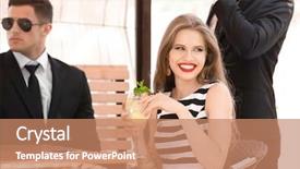  Presentation with cafe - Beautiful slide set featuring young businesswoman with bodyguards backdrop and a coral colored foreground