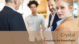  Presentation with talk - Slide set with young-businesswoman-with-colleagues-making background and a coral colored foreground