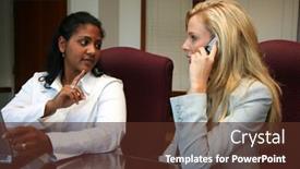  Presentation with coworkers - Audience pleasing presentation theme consisting of young businesswoman with coworkers in an office setting backdrop and a tawny brown colored foreground