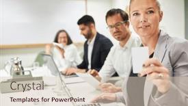  Presentation with online banking - PPT theme consisting of young-businesswoman-with-credit-card background and a  colored foreground