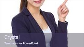  Presentation with finger point - Audience pleasing theme consisting of young businesswoman with finger point up backdrop and a tawny brown colored foreground