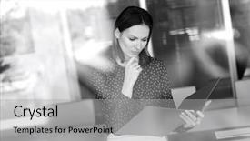  Presentation with hand shake law office - Beautiful PPT layouts featuring young businesswoman with hand on chin reading file in office backdrop and a light gray colored foreground