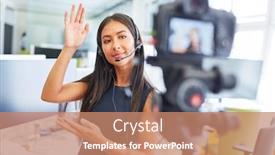  Presentation with live - Beautiful presentation design featuring young-businesswoman-with-headset-produces backdrop and a coral colored foreground