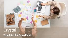  Presentation with consulting - Cool new slides with young-businesswoman-with-laptop-consulting backdrop and a coral colored foreground