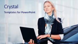  Presentation with laptop - Presentation having young businesswoman with laptop background and a sky blue colored foreground