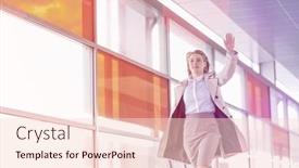  Presentation with railroad - Amazing slide set having young businesswoman with luggage running in railroad station backdrop and a lemonade colored foreground