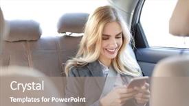  Presentation with mobile phone on car - Cool new slide set with young businesswoman with mobile phone backdrop and a gray colored foreground