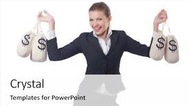 Presentation with mobile money gratuit - Amazing PPT layouts having young businesswoman with money sacks on white backdrop and a white colored foreground