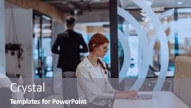  Presentation with orange - Presentation theme having young-businesswoman-with-orange-hair background and a gray colored foreground