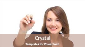  Presentation with pen - Cool new slides with young businesswoman with pen isolated on white background backdrop and a coral colored foreground