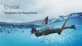  Presentation with shark - Cool new PPT theme with young businesswoman with shark flipper swiming under water backdrop and a sky blue colored foreground