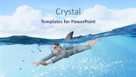  Presentation with shark - PPT theme having young businesswoman with shark flipper swiming under water background and a sky blue colored foreground