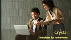  Presentation with tablet - Theme featuring young-businesswoman-with-tablet-bending background and a tawny brown colored foreground