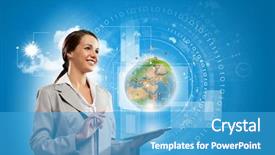  Presentation with globalization - Beautiful slide deck featuring young businesswoman with tablet pc in hands globalization concept backdrop and a teal colored foreground