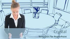  Presentation with light blue - Audience pleasing presentation theme consisting of young-businesswoman-with-tablet backdrop and a light blue colored foreground
