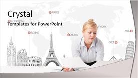  Presentation with old map aged world vintage - Slide deck consisting of young businesswoman with world map background and a white colored foreground