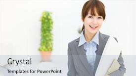  Presentation with working - Colorful PPT layouts enhanced with young businesswoman working in office backdrop and a  colored foreground