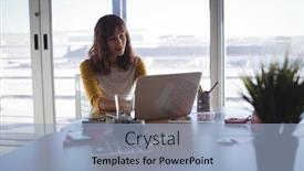  Presentation with creative - Presentation theme featuring young-businesswoman-working-on-laptop background and a light blue colored foreground