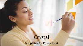  Presentation with creative writing - Beautiful PPT layouts featuring young businesswoman writing on adhesive notes in creative office backdrop and a soft green colored foreground