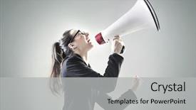  Presentation with over the counter - Presentation consisting of young businesswoman yelling over megaphone background and a light gray colored foreground