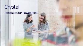  Presentation with office - Slides consisting of young businesswomen discussing over documents background and a  colored foreground