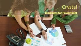  Presentation with meeting table - Slide set with young-businesswomen-sitting-at-table background and a tawny brown colored foreground