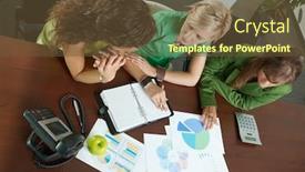  Presentation with meeting table - Amazing PPT theme having young-businesswomen-sitting-at-table backdrop and a tawny brown colored foreground