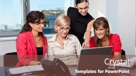  Presentation with meeting table - Audience pleasing slide deck consisting of young businesswomen sitting at table in meeting room using laptop computer smiling backdrop and a tawny brown colored foreground