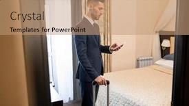  Presentation with leave - Amazing PPT theme having young busy entrepreneur in formalwear using smartphone to call taxi while going to leave hotel for airport backdrop and a coral colored foreground