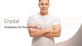  Presentation with butcher - Cool new slide deck with young butcher posing with his arms crossed isolated on white background backdrop and a sky blue colored foreground