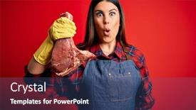  Presentation with raw meat beef veal shank - Colorful PPT theme enhanced with young-butcher-woman-holding-fresh backdrop and a ocean colored foreground