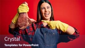  Presentation with butcher - PPT theme with young-butcher-woman-holding-fresh background and a ocean colored foreground