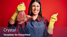  Presentation with butcher - Audience pleasing presentation design consisting of young-butcher-woman-holding-fresh backdrop and a ocean colored foreground