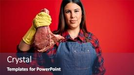  Presentation with butcher - Presentation theme featuring young-butcher-woman-holding-fresh background and a ocean colored foreground