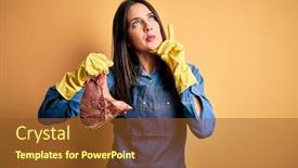  Presentation with butcher - Amazing PPT theme having young-butcher-woman-wearing-apron backdrop and a tawny brown colored foreground
