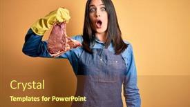  Presentation with butcher - Audience pleasing presentation theme consisting of young-butcher-woman-wearing-apron backdrop and a tawny brown colored foreground
