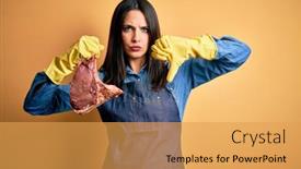  Presentation with butcher - PPT theme having young-butcher-woman-wearing-apron background and a yellow colored foreground