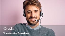  Presentation with call center - Cool new PPT layouts with young-call-center-agent-man backdrop and a gray colored foreground