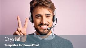  Presentation with call center - Presentation design featuring young-call-center-agent-man background and a ocean colored foreground