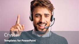  Presentation with call center - Cool new PPT layouts with young-call-center-agent-man backdrop and a dark gray colored foreground