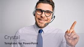  Presentation with call center - Amazing slide set having young-call-center-operator-business backdrop and a light gray colored foreground