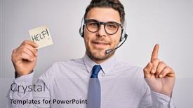  Presentation with call center - Amazing PPT layouts having young-call-center-operator-business backdrop and a light gray colored foreground