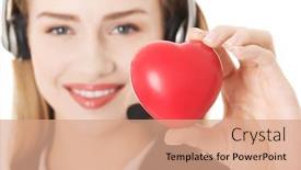  Presentation with call center agent reporting - PPT theme enhanced with young call center woman holding heart isolated on white background and a coral colored foreground