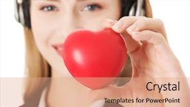  Presentation with call center - Slide deck having young call center woman holding background and a  colored foreground